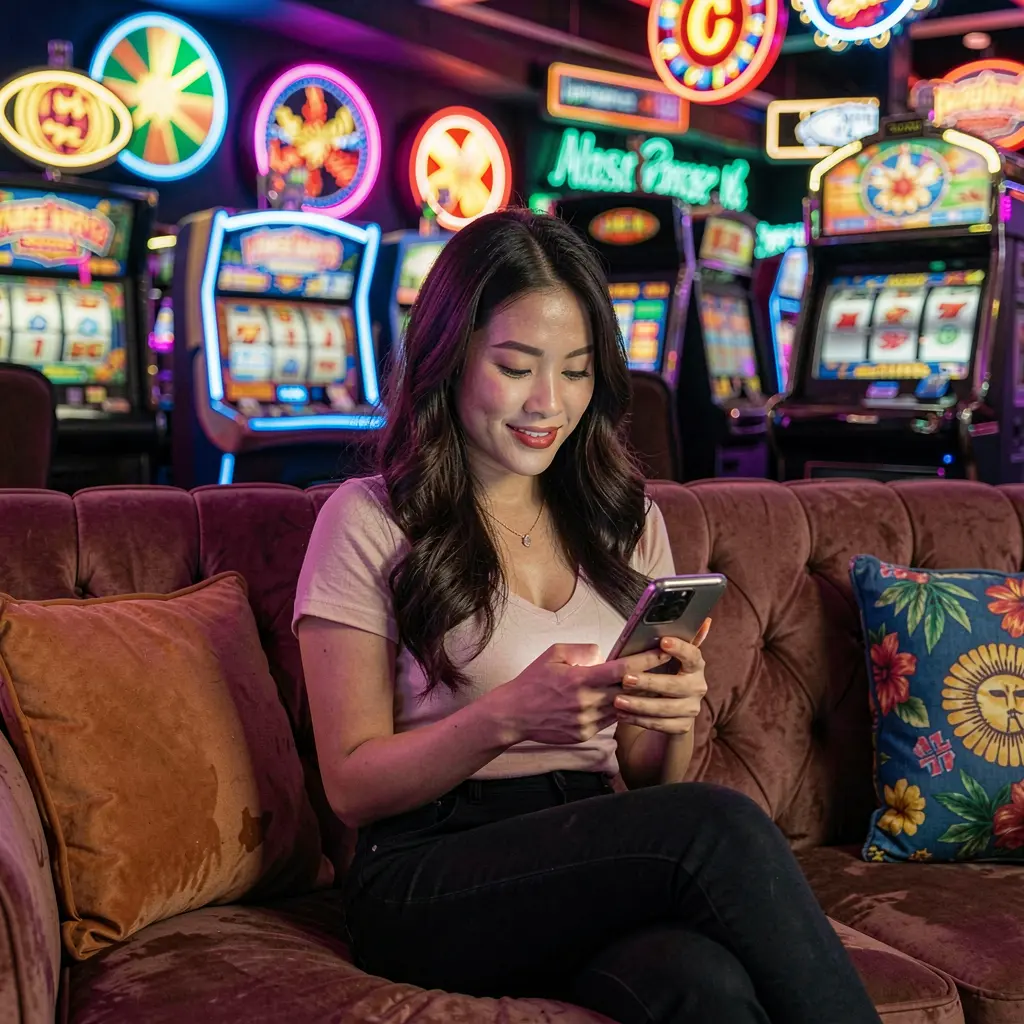Stylish Filipino woman enjoying the PHMAGIC casino app on her smartphone with colorful neon casino symbols glowing behind her