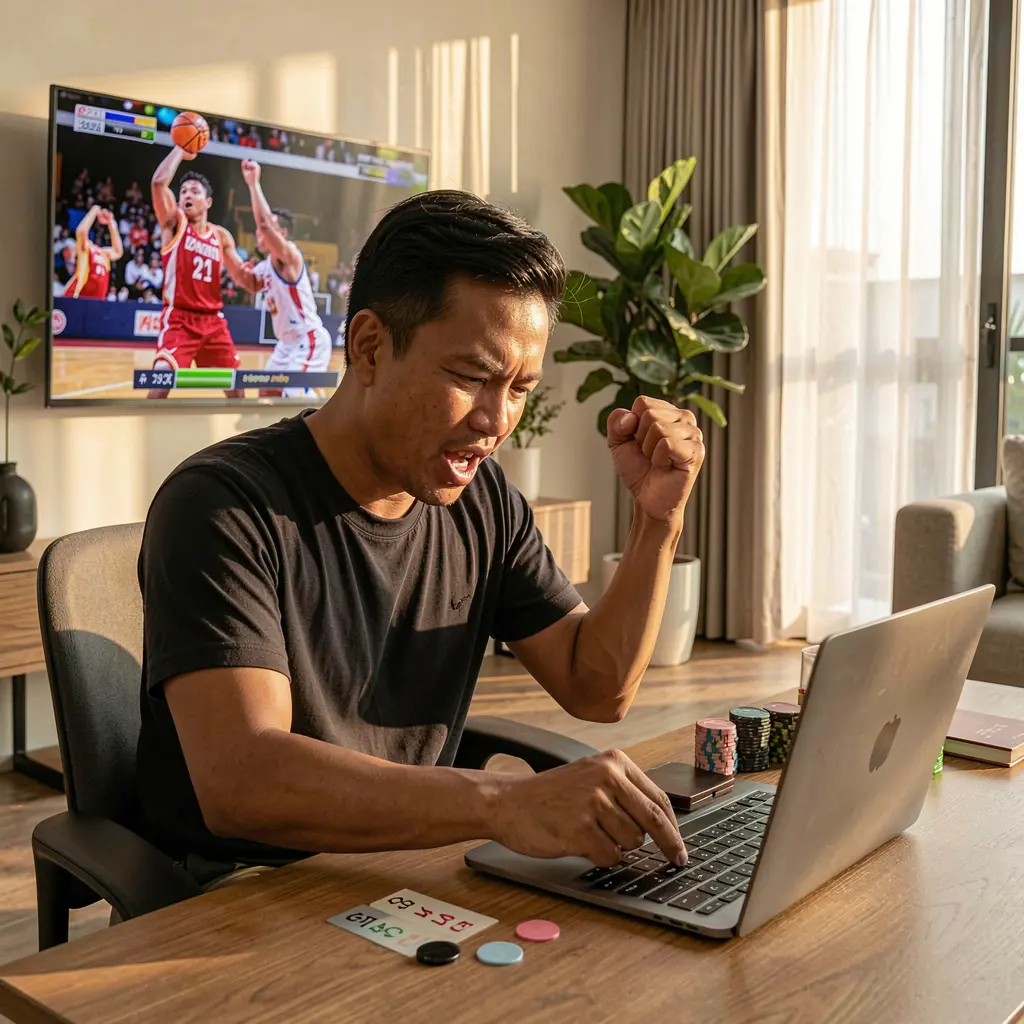 Excited Filipino sports bettor celebrating a winning moment while placing basketball bets online with PHMAGIC as the game unfolds on TV