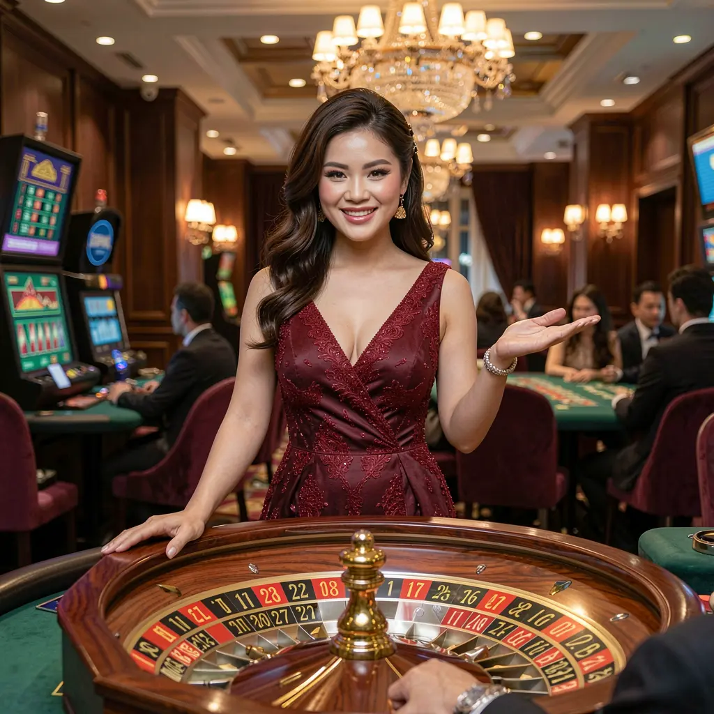 Elegant live casino dealer at a roulette table with a welcoming gesture and glowing lights behind her showcasing the premium atmosphere of PHMAGIC Casino in the Philippines