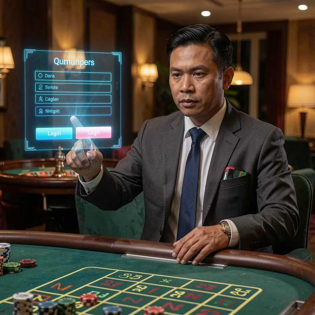 Professional casino host from the Philippines touching a transparent digital login panel with a glowing roulette table behind him using PHMAGIC